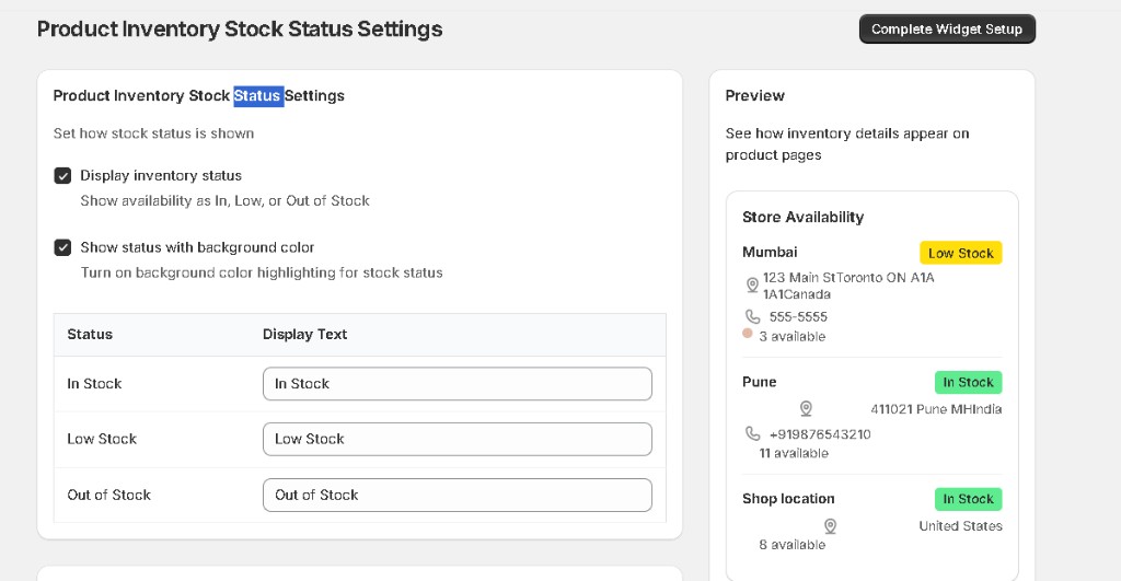 Shopify admin: product inventory stock status settings with live Store Availability preview