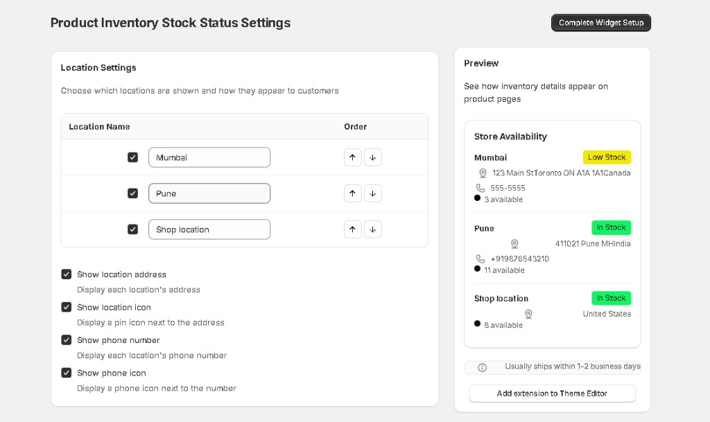 Shopify app location settings: reorder locations, show address and phone on storefront preview