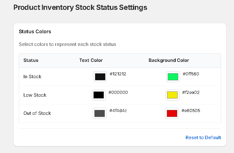 Status color settings for In Stock, Low Stock and Out of Stock badges in Shopify admin