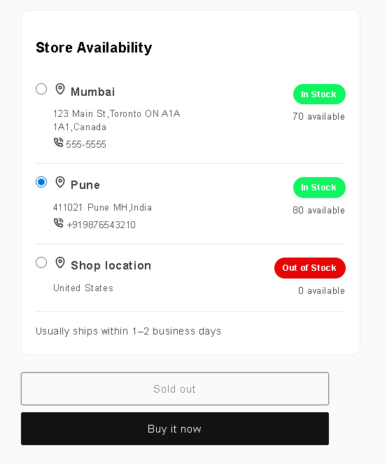 Shopify product page showing Store Availability widget with multiple locations and stock badges